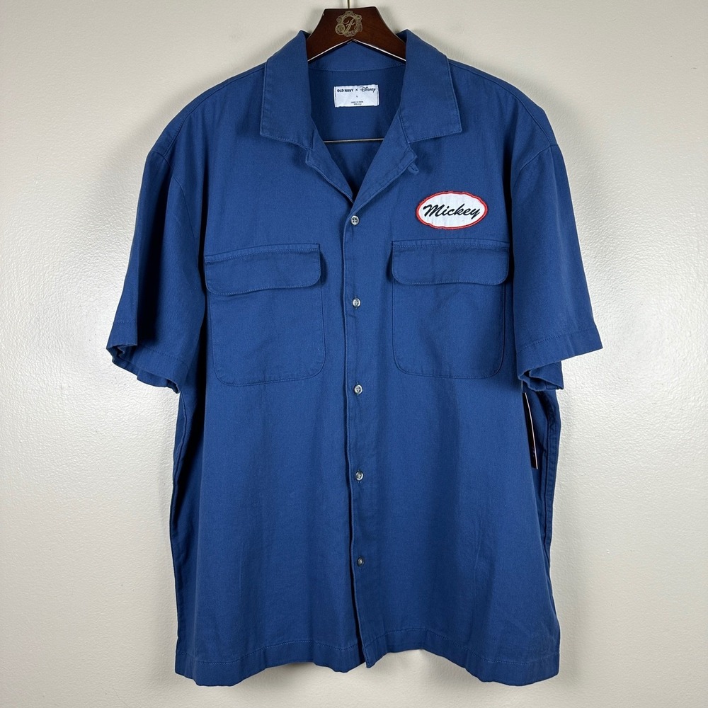 Old Navy Men's Large Button Up Shirt Blue Disney Mickey Mouse Workwear Shirt